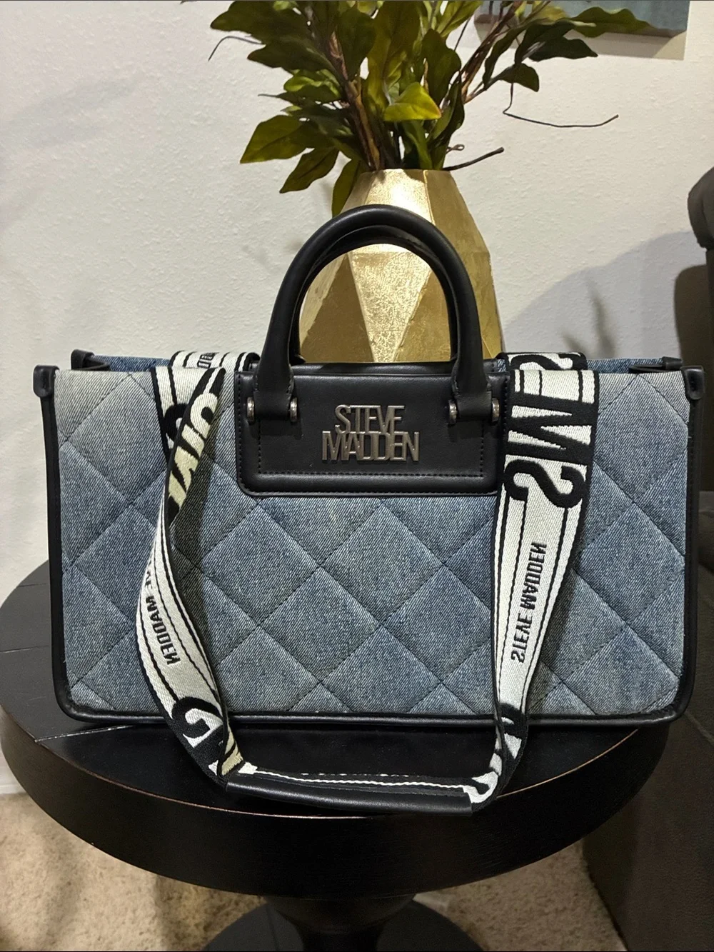 Steve Madden Blue Quilted Denim Tote with Black Trim and White Logo Strap